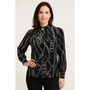 Woman's Laura Black Chain High-Neck Embellished Collar Blouse Lg Career Office